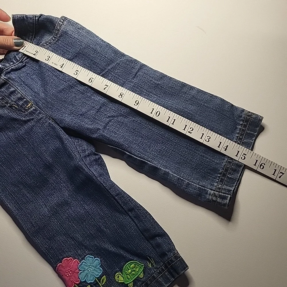 GYMBOREE‎ Girls Y2K 2007 Denim Embroidered Turtle Flowers Graphic Jeans 12-18mo